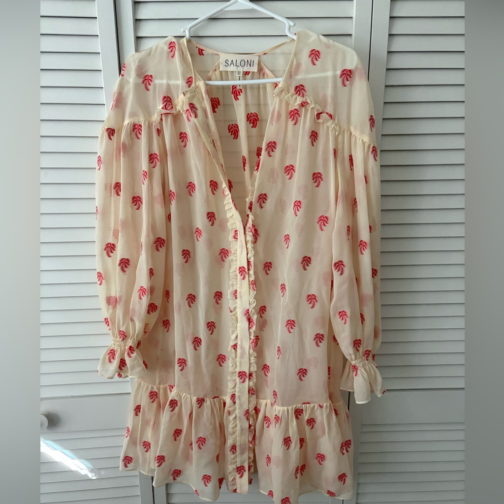 Gorgeous Saloni Cream Dress With Hot Pink Palms, Silk Blend